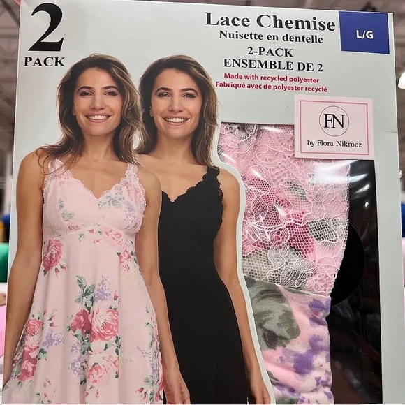 LACE CHEMISE by Flora Nikrooz 2 pack stretch microfiber L NWT pink and black - Picture 2 of 3
